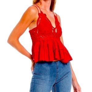Free People ADELLA Lace Smocked Back Ruffled Tiered Tank-Top: Red/ Medium. NWT